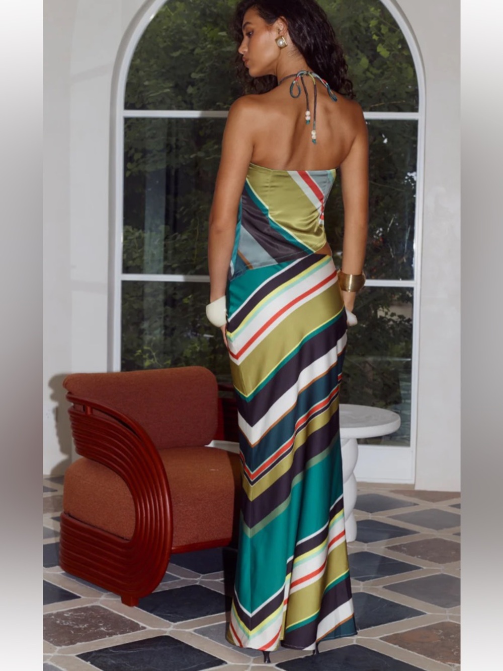 Striped Teal Satin Two-Piece Maxi Dress - Picture 2 of 9